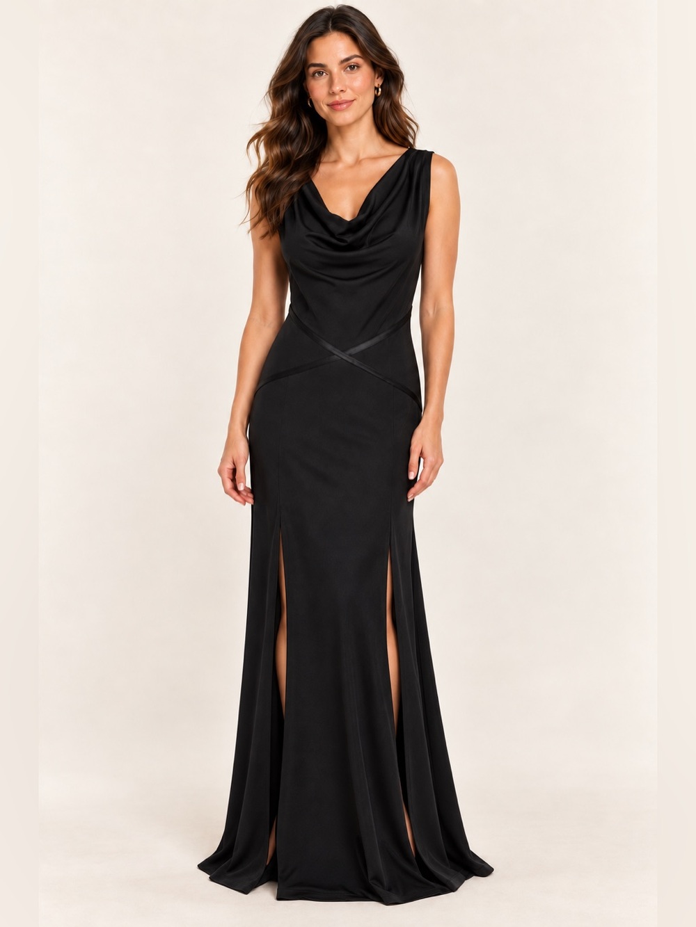 NIKI by Niki Livas draped collar cross back Black Evening Gown long dress Sz 8